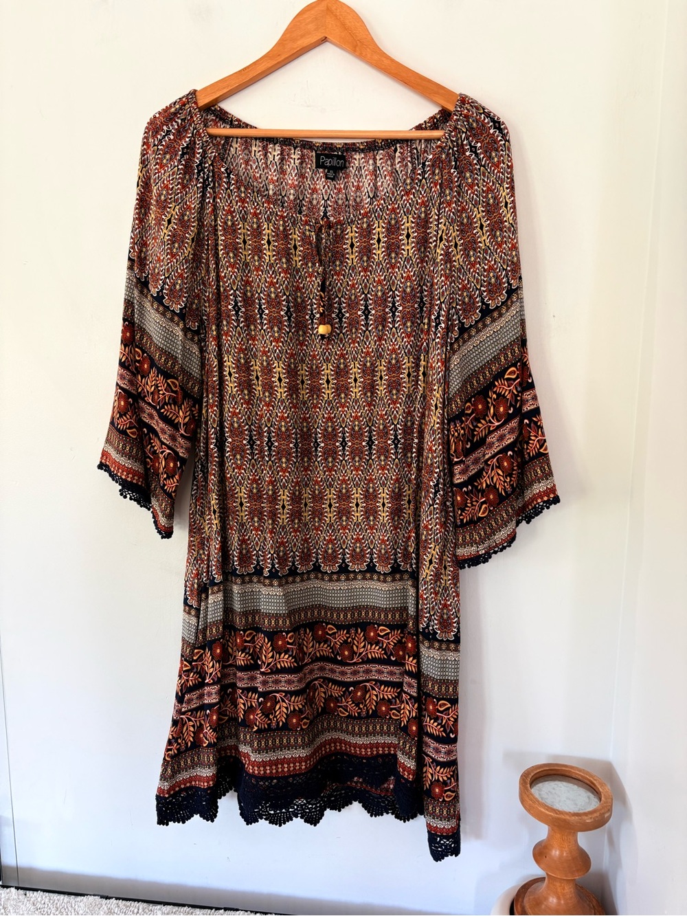 PAPILLION XL Bohemian Tunic Dress Rust Brown Blue Tassel Tie w/Bead Rayon 37” L